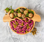 BEET PENNE WITH SESAME POTATO BALLS