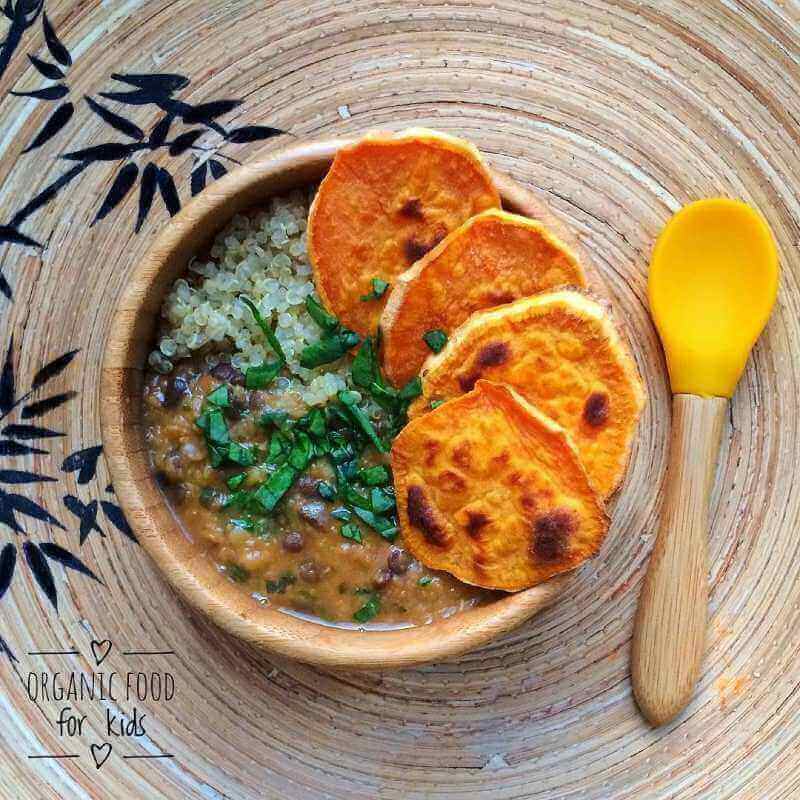 Tri-colour lentil stew with quinoa and sweet potato chips