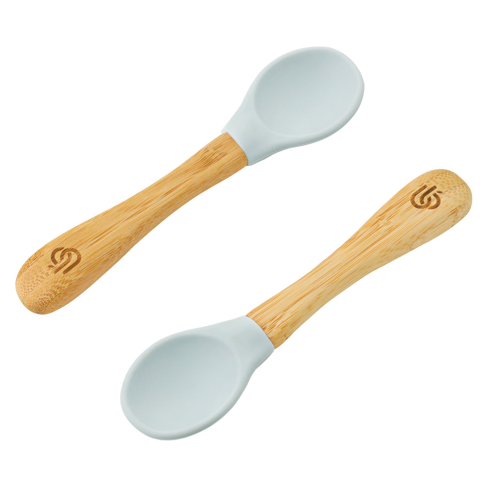2 pack bamboo weaning spoons for babies and toddler, with ergonomic grip handles and removable silicone tips | Grey Colour