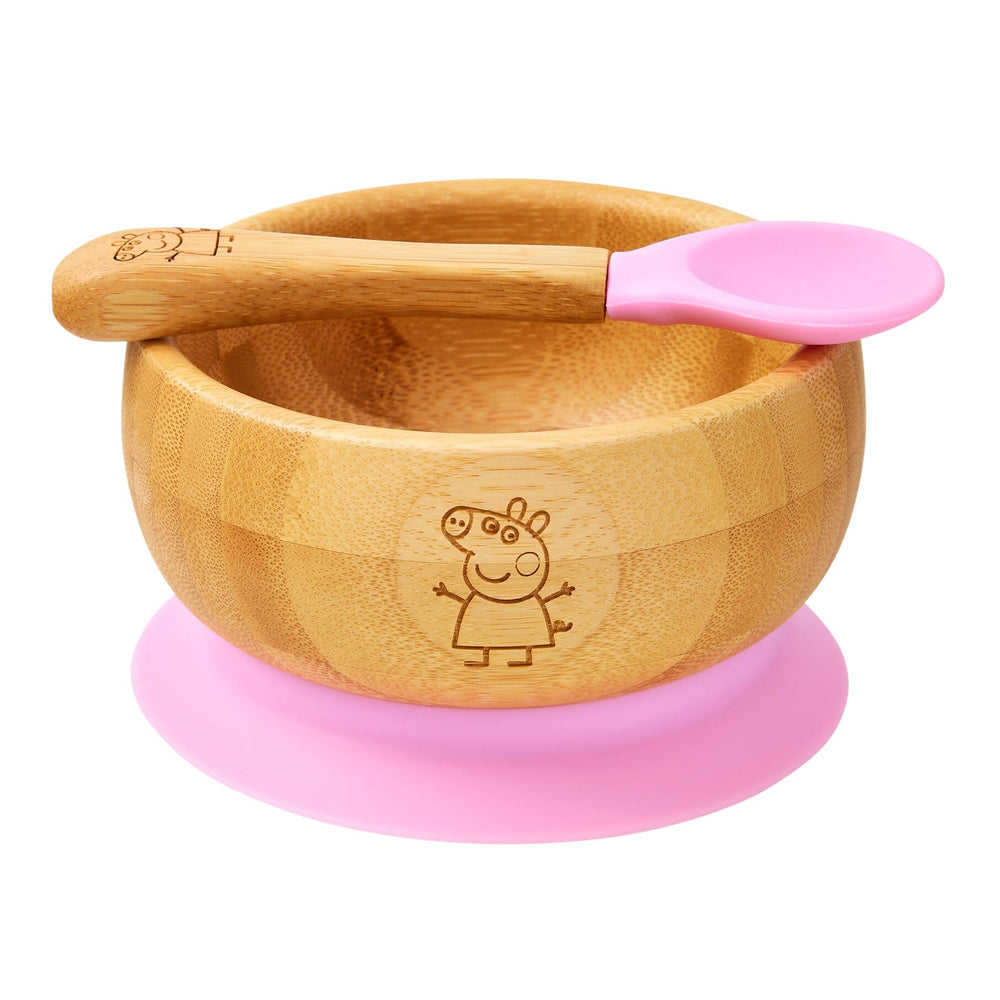 
            
                Load image into Gallery viewer, Peppa Pig Bamboo baby and toddler weaning suction bowl set with spoon, with silicone grip, BPA and Toxin Free, Pink
            
        