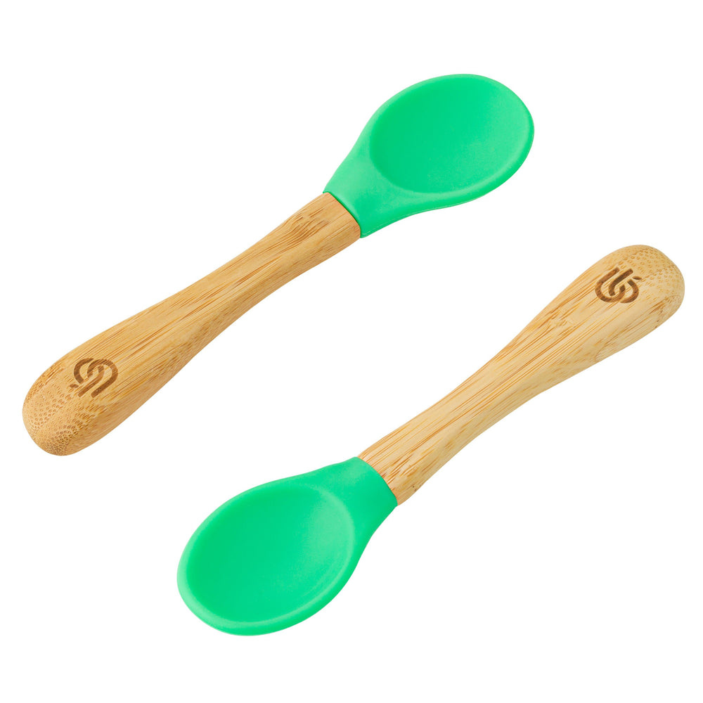 2 pack bamboo weaning spoons for babies and toddler, with ergonomic grip handles and removable silicone tips | Green Colour