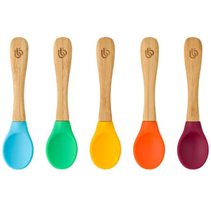 5 pack bamboo weaning spoons for babies and toddler, with ergonomic grip handles and removable silicone tips | Blue Green Yellow Orange Cherry