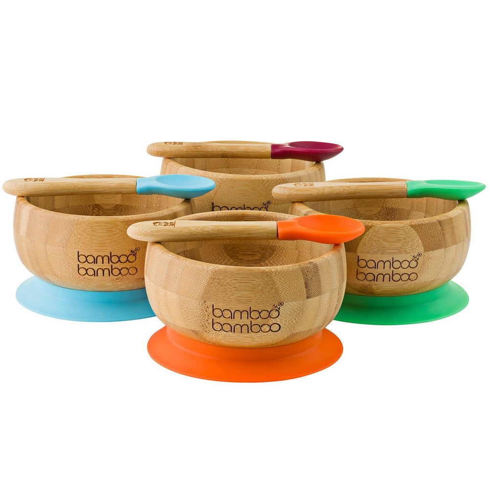 Group of Bamboo baby and toddler weaning suction bowl sets with spoon, with silicone grip, BPA and Toxin Free, Orange, Blue, Green, Cherry