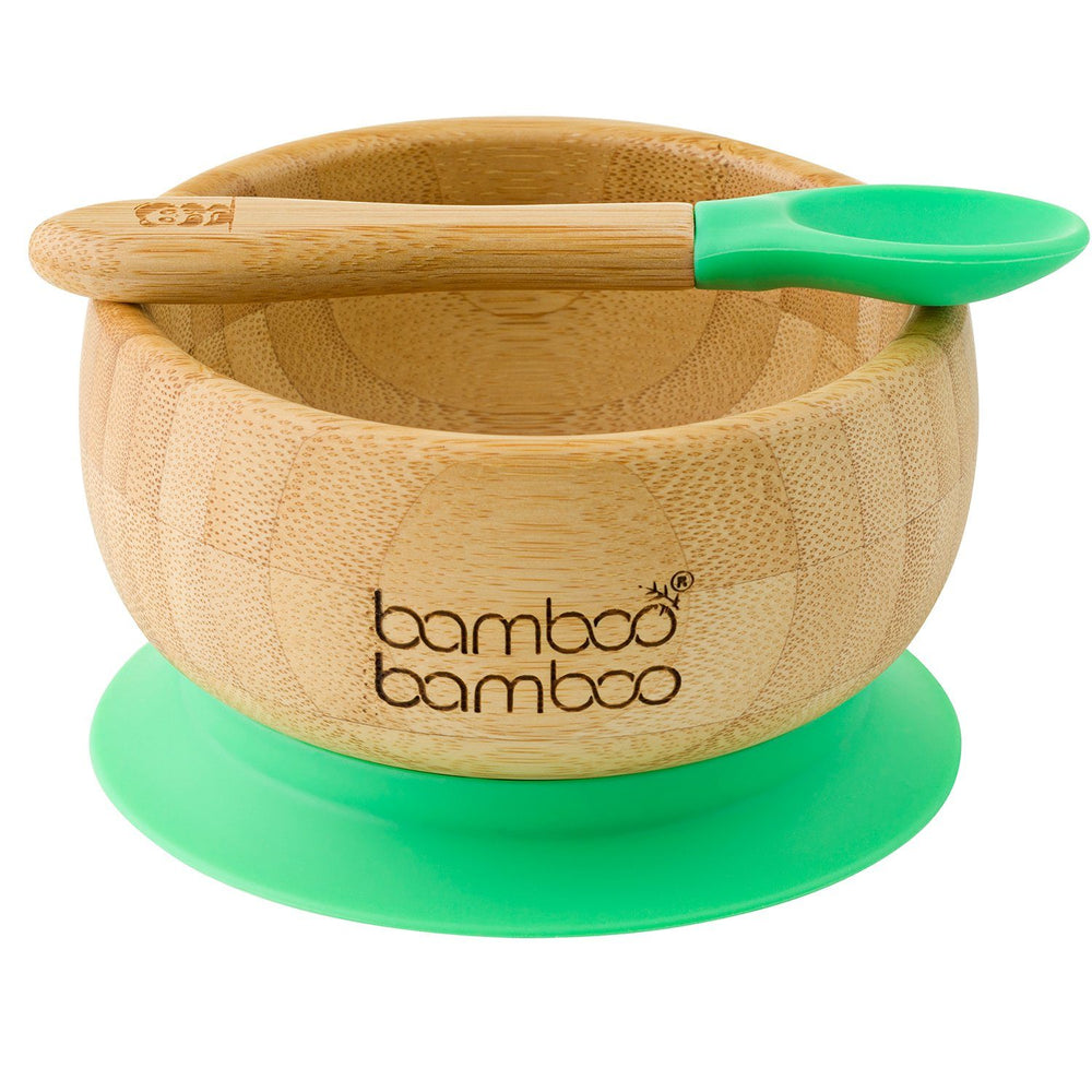 
            
                Load image into Gallery viewer, Bamboo baby and toddler weaning suction bowl set with spoon, with silicone grip, BPA and Toxin Free, Green
            
        